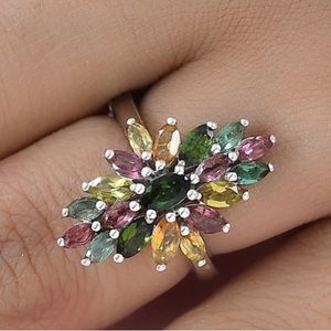 Openable Multi-Tourmaline Floral Spray Ring in Platinum over SS, Sz 6, 2…